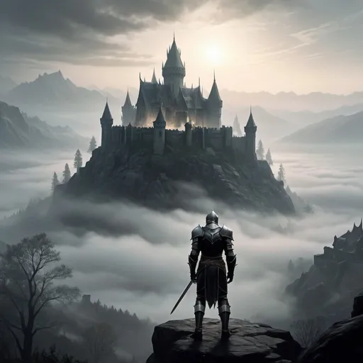 Prompt: knight staring at a castle that he will never reach, skyrim elder scrolls fantasy castle far in the distance covered by fog illuminating through accompanied by big titty elf wearing see through shirt stripped to the waist
