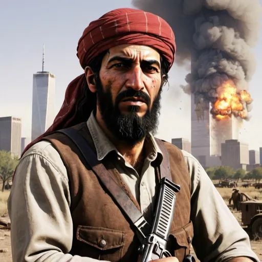 Prompt: red dead repemtion style osama binladen on 9/11