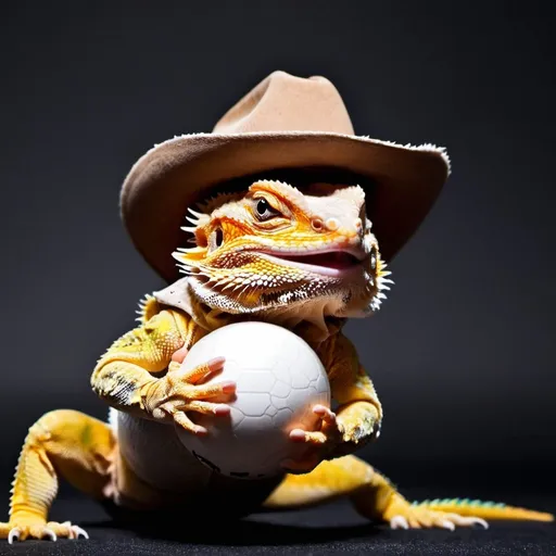 Prompt: Bearded dragon playing with a ball while wearing a cowboy hat
