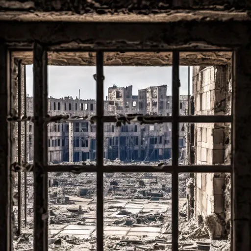 Prompt: destroyed city after the war, a view of a destroyed window of a prison with prison bars. real photo. hd. GENERAL PLAN. vertical photo