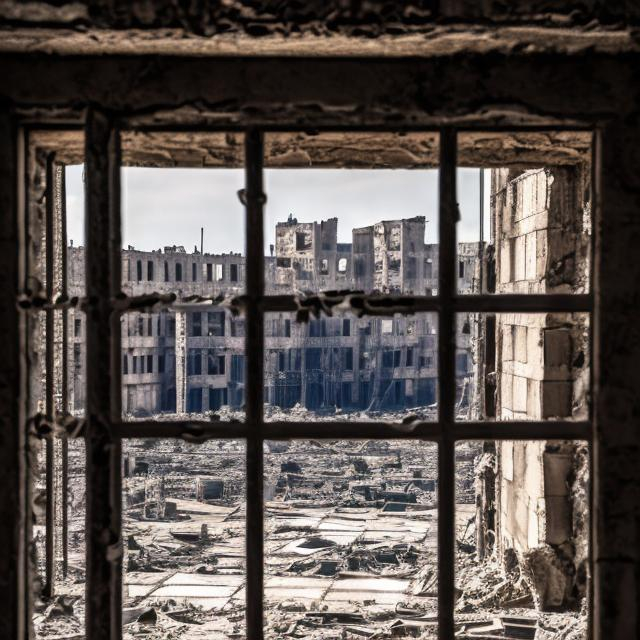 Prompt: destroyed city after the war, a view of a destroyed window of a prison with prison bars. real photo. hd. GENERAL PLAN. vertical photo