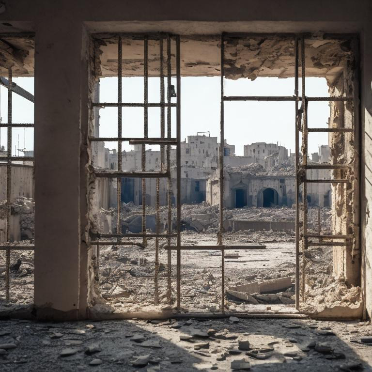 Prompt: city destroyed after the war, a view of a destroyed window of a prison with prison bars or in view the wall of the room. real photo. hd. GENERAL PLAN. vertical photo