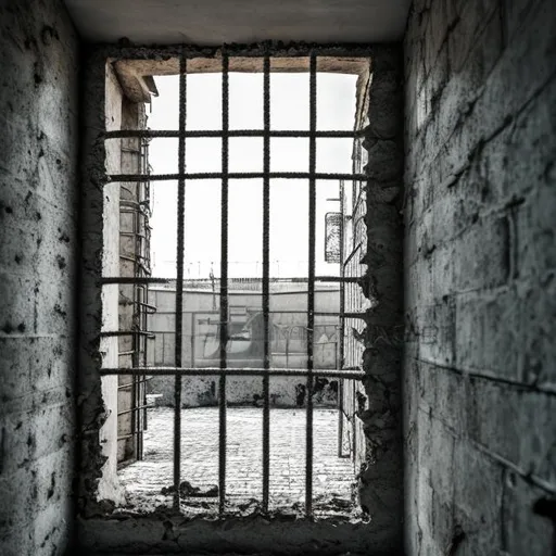Prompt: a large prison cell wall, a city destroyed after the war, a view of a small destroyed window of a prison with prison bars. real photo. hd. GENERAL PLAN. vertical photo. see the felt completely