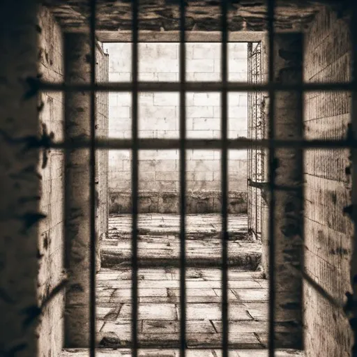 Prompt: a large prison cell wall, a city destroyed after the war, a view of a small destroyed window of a prison with prison bars. real photo. hd. GENERAL PLAN. vertical photo. see the felt completely