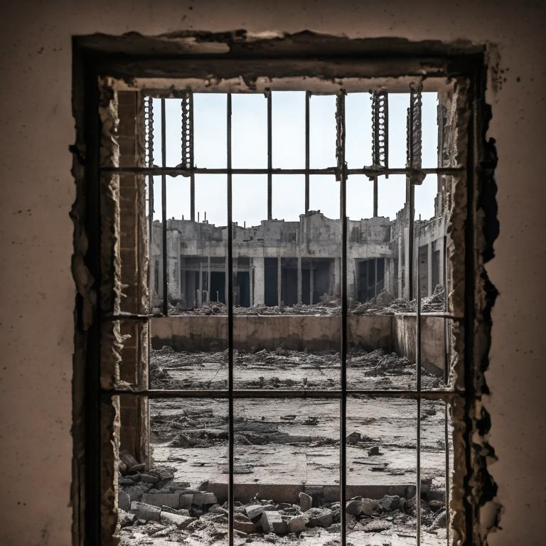 Prompt: city destroyed after the war, a large prison cell wall, a view of a small destroyed window of a prison with prison bars. real photo. hd. GENERAL PLAN. vertical photo. see the felt completely