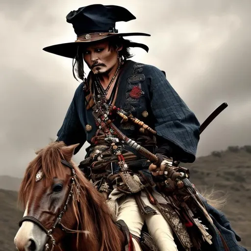 Prompt: Johnny Depp  samurai on Horseback

