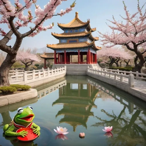 Prompt: a Chinese palace with almond trees and cherry blossoms in full bloom, with a small pong with koi fish, and Kermit the frog in the pond.