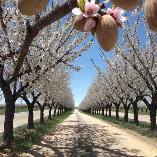 Prompt: Acres of almond trees lined the interstate highway which complimented the crazy driving nuts.