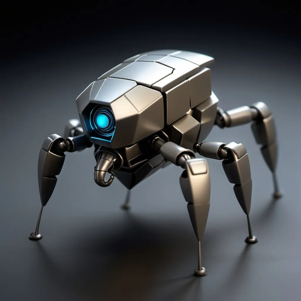 Prompt: tiny nanobot, with a robust, segmented body that resembles a miniature armored creature. They are equipped with extendable arms that feature shovels for digging, intricate sensors for detecting pathogens, and a metallic surface with a subtle iridescent glow.