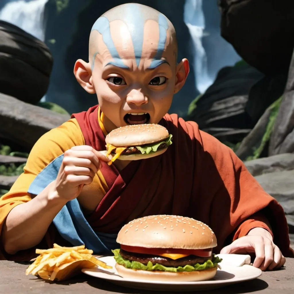 Prompt: image of avatar aang eating a comically large hamburger
 
