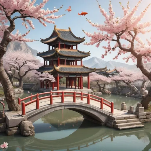 Prompt: a Chinese palace with almond trees and cherry blossoms in full bloom, with a small pond with koi fish, and a rat with boxing gloves standing on a bridge going over the pond.
