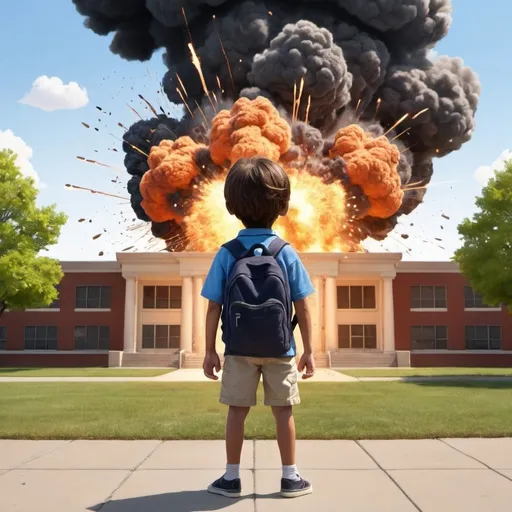 Prompt: Cartoon image of a kid standing in front of a exploding school
