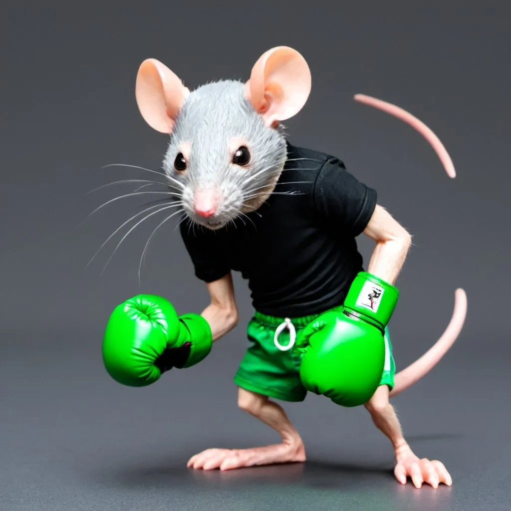 Image of a rat with green boxing gloves, a black shi...