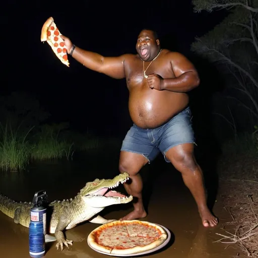 Prompt: Trail cam image of a fat black man with a pizza slice in hand kicking a crocodile in the mouth at night