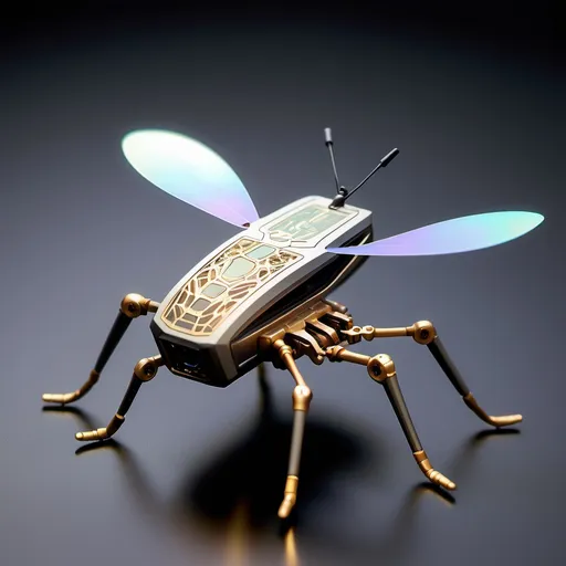 Prompt: Small, sleek nanobot measuring around 10 to 100 nanometers, resembling tiny insect-like drones with a smooth, metallic surface and iridescent sheen. it features intricate patterns, embedded sensors, and retractable miniature weapons, using electrostatic movement for agile navigation through liquids.