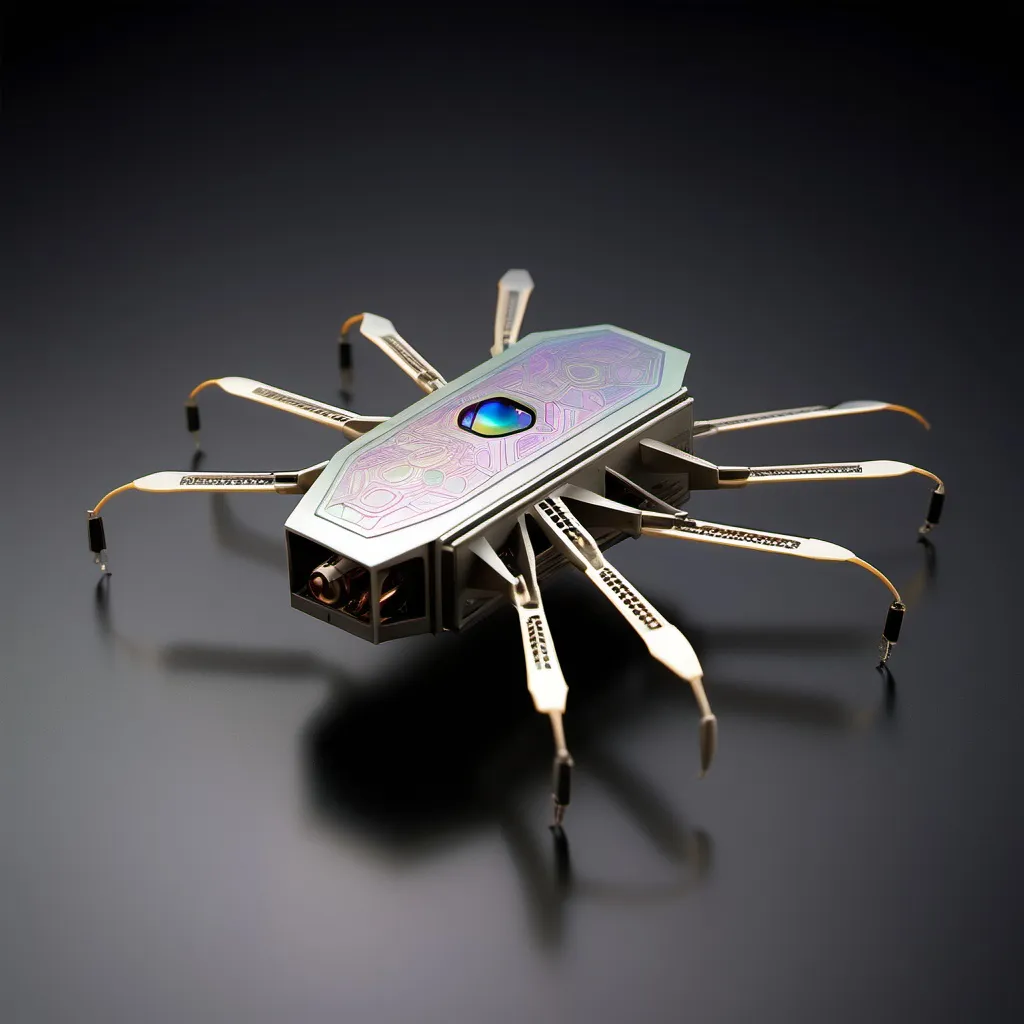 Prompt: Small, sleek nanobot measuring around 10 to 100 nanometers, resembling tiny insect-like drones with a smooth, metallic surface and iridescent sheen. it features intricate patterns, embedded sensors, and retractable miniature weapons, using electrostatic movement for agile navigation through liquids.