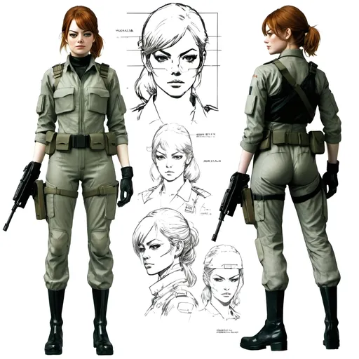 Prompt: Character sheet of Emma Stone as a Metal Gear solid 1980's soldier, by Yoji Shinkawa