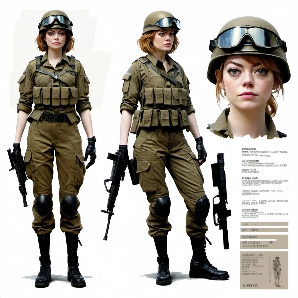 Prompt: Character sheet of Emma Stone as a Metal Gear solid 1980's soldier, by Yoji Shinkawa