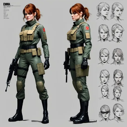 Prompt: Character sheet of Emma Stone as a Metal Gear solid 1980's soldier, by Yoji Shinkawa