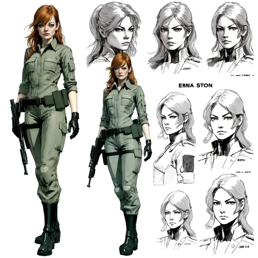 Prompt: Character sheet of Emma Stone with long hair as a Metal Gear solid 1980's soldier, by Yoji Shinkawa