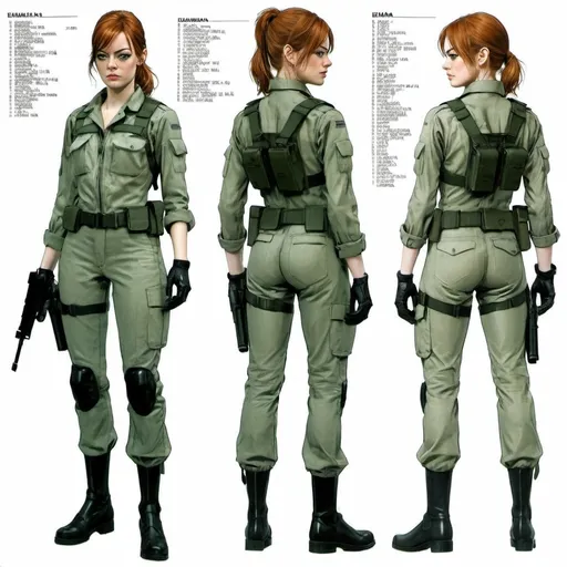 Prompt: Character sheet of Emma Stone as a Metal Gear solid 1980's soldier, by Yoji Shinkawa