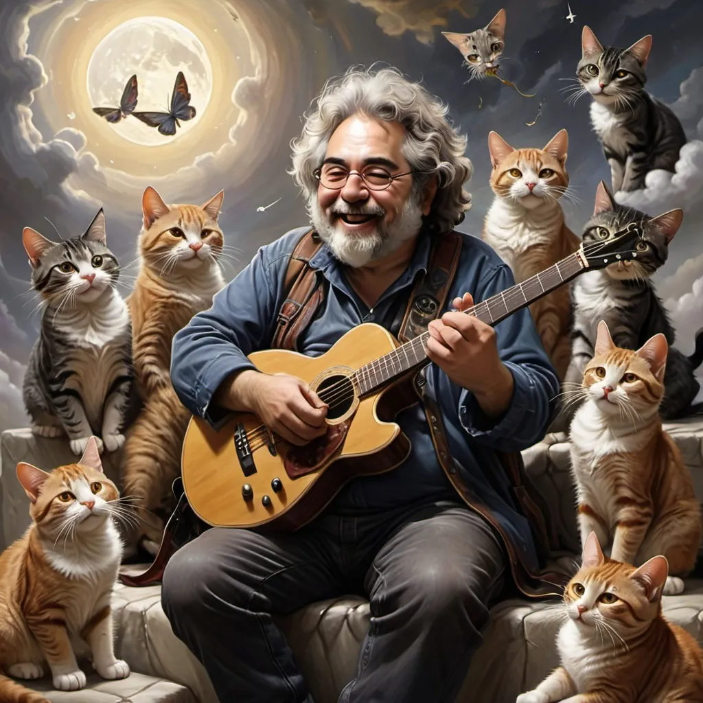 Prompt: jerry Garcia playing guitar in heaven to a bunch of stray cats 