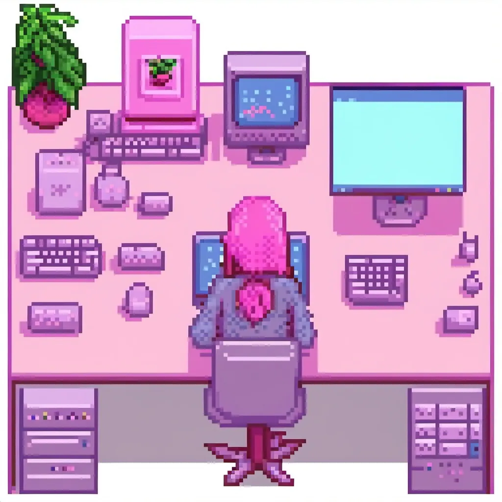 Prompt: grid of lots of pink aesthetic things such as computer, girl working on computer, keyboard,mouse and desktop