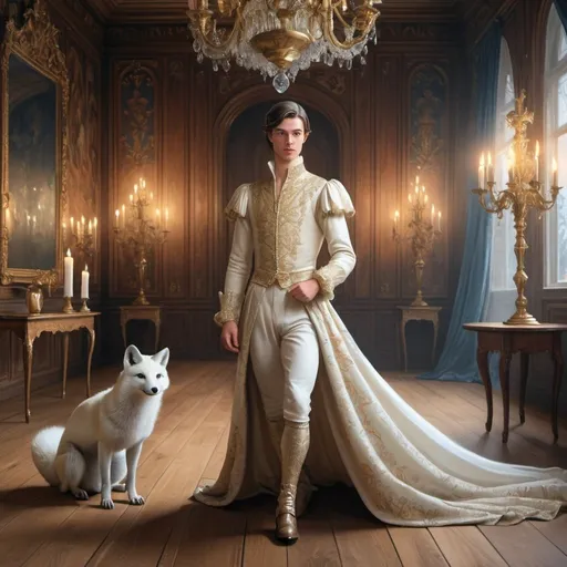 Prompt: A brunette Norvegian young prince standing illustration, fantastic, at a palace party 14th century ball room dance classic chandeliers candles dancers surrealism,  polar foxes in dresses running on the wooden floor