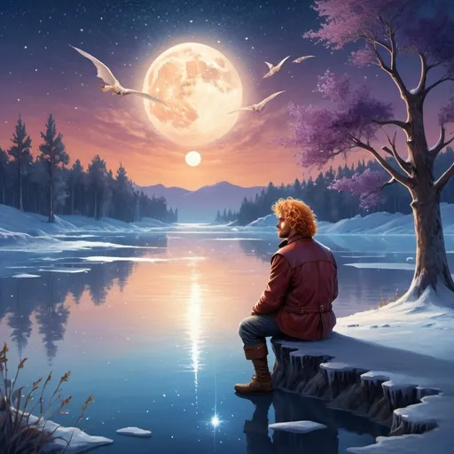 Prompt: Illustration of a landscape at sunset in the North Pole at a frozen lake, a middle age man sitting down, blonde red hair very curly hair , looking at a lake, storcks flying, golden jacket, moon is blue, Fisher, stars, purple trees, fireflies, water drops, melancholic, hope surrealism blue stars old bridge Roman empire