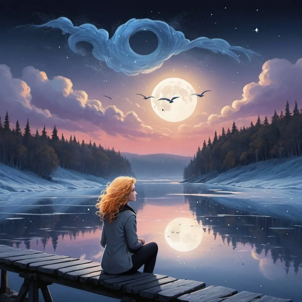 Prompt: Illustration of a landscape at sunset in the North Pole at a frozen lake, a middle age man sitting down, woman sitting, Black pants white jacket blonde red hair very curly hair , looking at a lake, storcks flying, golden jacket, moon is blue, Fisher, stars, purple trees, fireflies, water drops, melancholic, hope surrealism blue stars old bridge one young woman Black hair blue eyes sitting looking at the clouds hair in wind