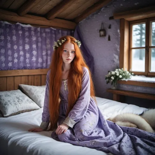 Prompt: Beautiful young woman long red hair 10th century Finland folding clothes on bed old rural living room Scandinavia surrealism snow ice one snow fox with flower dress and silver boots dusk purple light moisture in the air