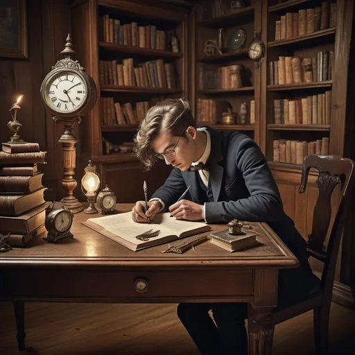 Prompt: Surrealism-inspired image of a young man writing at a wooden desk, 19th-century living room, vintage surrealistic, detailed wooden textures, antique quill pen, floating clocks and books, dreamlike atmosphere, high-resolution, surrealism, vintage, detailed textures, antique, dreamy lighting, atmospheric surrealism