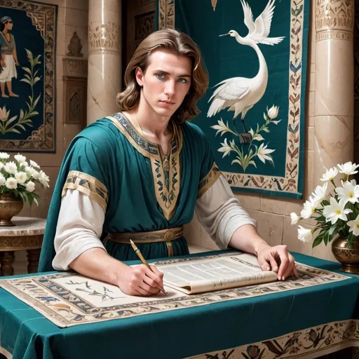 Prompt: young man, dark blue colour eyes, brown hair, thinking, colonial Egypt, standing at a marble table, near oriental carpet, white flowers on the walls, he wears a dark green tunica, writing with right hand and looking down on the scroll, blue large bird and one swan