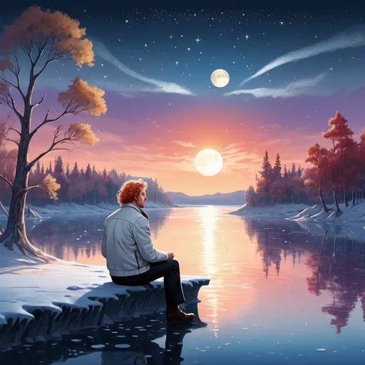 Prompt: Illustration of a landscape at sunset in the North Pole at a frozen lake, a middle age man sitting down, Black pants white jacket blonde red hair very curly hair , looking at a lake, storcks flying, golden jacket, moon is blue, Fisher, stars, purple trees, fireflies, water drops, melancholic, hope surrealism blue stars old bridge Roman empire