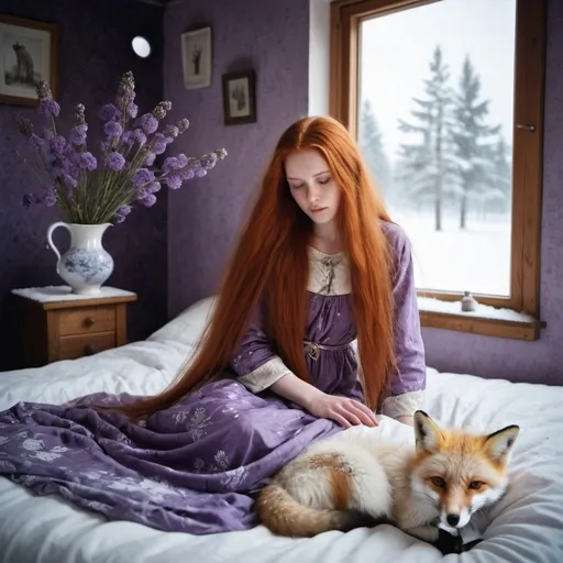 Prompt: Beautiful young woman long red hair 10th century Finland placing dry clothes on duvet on bed old rural living room Scandinavia surrealism snow ice one snow fox with flower dress and silver boots dusk purple light moisture in the air purple flowers in vase