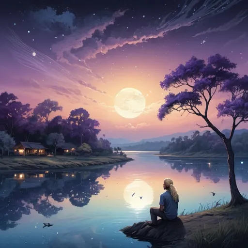 Prompt: Illustration of a landscape at sunset in Indonesia at a lake, a man sitting down, blonde long hair pony tail curly hair , looking at a lake, storcks flying, moon is blue, Fisher, stars, purple trees, fireflies, water drops, melancholic, hope  surrealism 