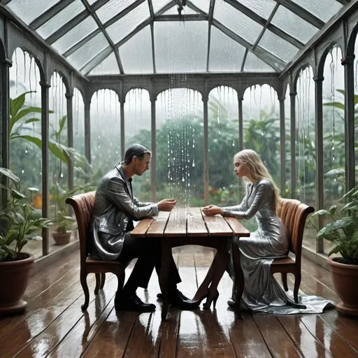 Prompt: Illustration of rain drops surrealism long wooden table with a couple man and woman sitting dressed in silver in a glasshouse looking at each other fantasy