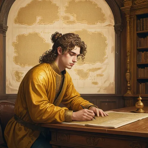 Prompt: Illustration of young man curly long hair in a bun at wooden golden desk in a palace, 10th century gold yellow surrealism writing on an astronomica map rain