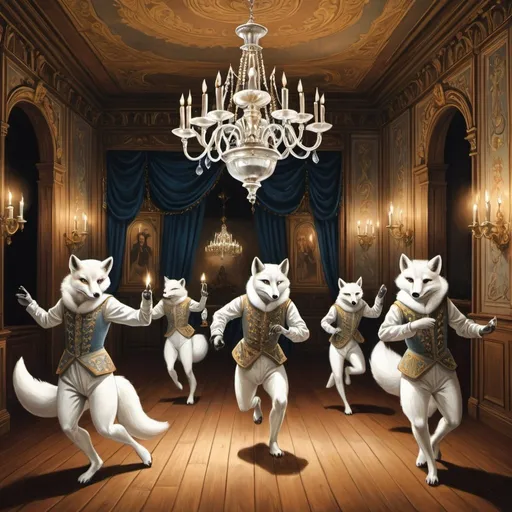 Prompt: Norvegian prince illustration at a palace party 14th century ball room dance classic chandeliers candles dancers surrealism, ten polar foxes running on the wooden floor