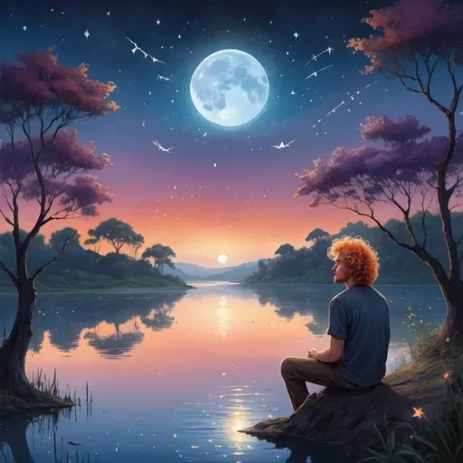 Prompt: Illustration of a landscape at sunset in Indonesia at a lake, a middle age man sitting down, blonde red hair very curly hair , looking at a lake, storcks flying, moon is blue, Fisher, stars, purple trees, fireflies, water drops, melancholic, hope surrealism blue stars old bridge