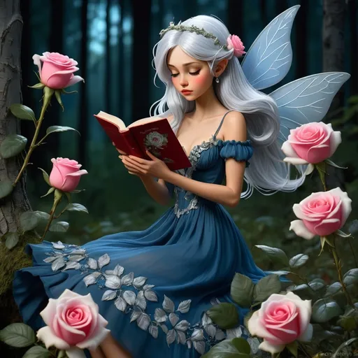 Prompt: Fairy with silver hair reading în the forest at night blue dress with tall roses