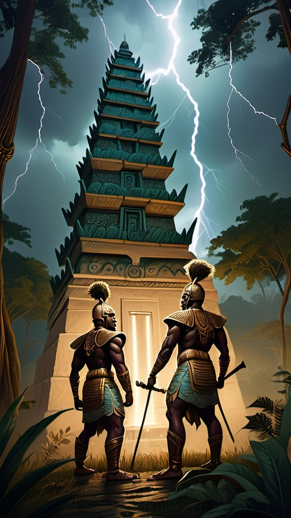 Prompt: A stormy night in ancient Yoruba land, with lightning flashing over a dense forest. Traditional Yoruba temple with intricate carvings on the walls in the background. Two Yoruba warriors, Adesola and Ireti, dressed in ancient armor, stand on the edge of the forest, looking towards the temple, preparing for a mythical heist.