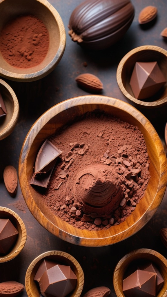 Prompt: Cacao powder in the wooden bowl and some chocolate peaces around it