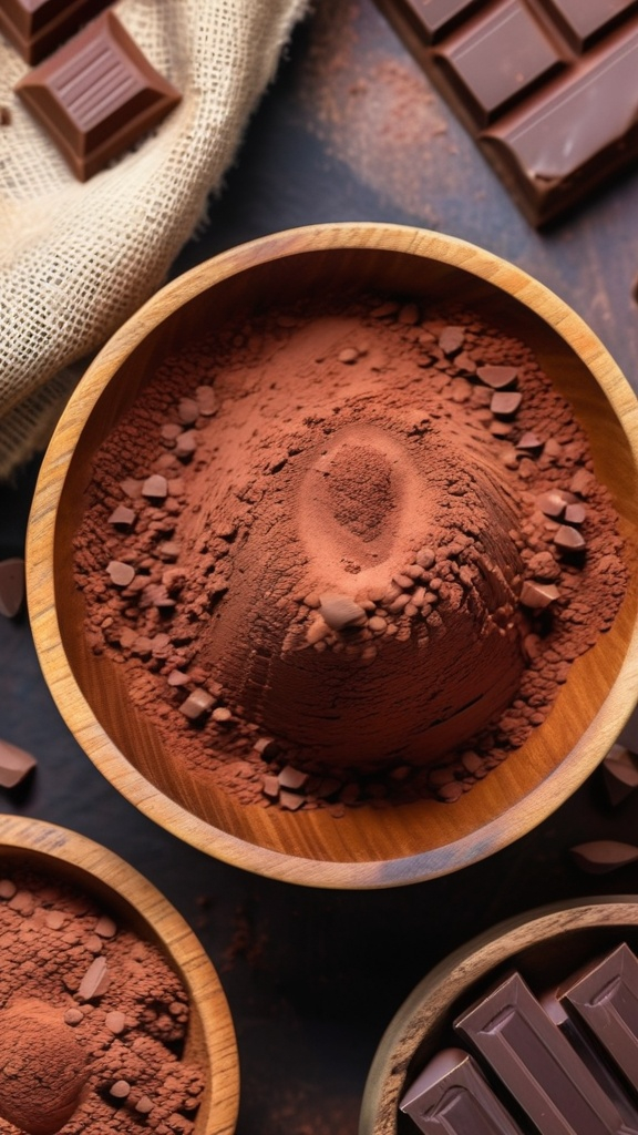 Prompt: Cacao powder in the wooden bowl and some chocolate peaces around it