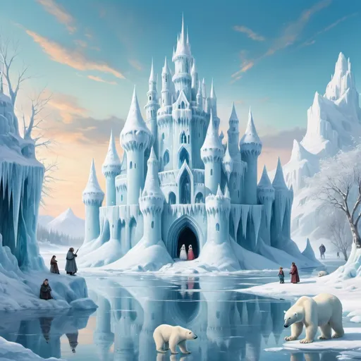 Prompt: fairytale ice castle in winter landscape, small very fat woman in the foreground, mighty icicles, polar bears, crystal lake, ice bear family, some servants