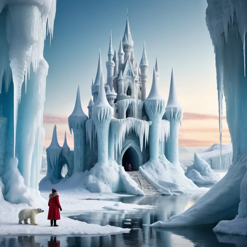 Prompt: fairytale ice castle in winter landscape, small fat woman in the foreground, mighty icicles, polar bears