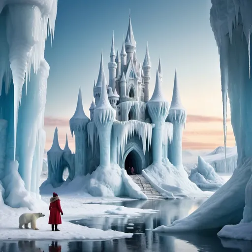 Prompt: fairytale ice castle in winter landscape, small fat woman in the foreground, mighty icicles, polar bears