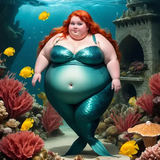 Prompt: very chubby, extremely fat and very morbidly obese young red-haired pretty mermaid  in an underwater world with sea lilies, fish, sea creatures and sea plants, eating much seafood, much fatter, obesier, huge double chin, fat cheeks, fat arms, underwater castle in Background even much fatter, enormous big fat rolls, eating sea food, much fatter, immobile obese, even much fatter obesier, fatter! sunken ship, much fatter