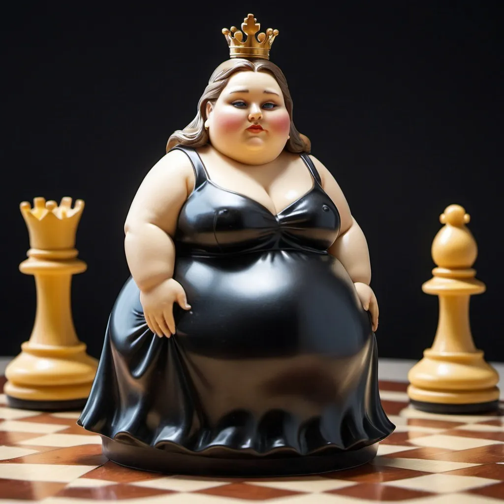Prompt: extremely fat very chubby chess lady as female chess piece on chess board and chess pieces, figurine