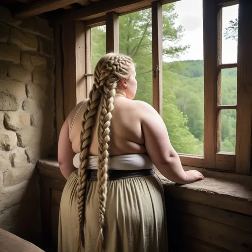 Prompt: back of a very chubby, extremely fat and very morbidly obese young blonde woman with extremely long braids out of the open window of a medieval high located room down in forest landscape, much fatter, obesier, even much fatter, fuller, fatter arms, bigger fat rolls, fatter neck, longer hair braids